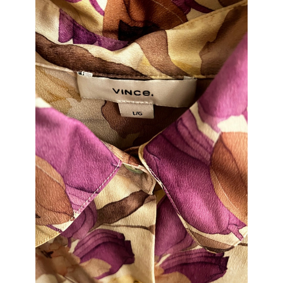 VINCE~Floral 100% Silk ~Button Down Shirt~Beige Purple~LG - Picture 8 of 9